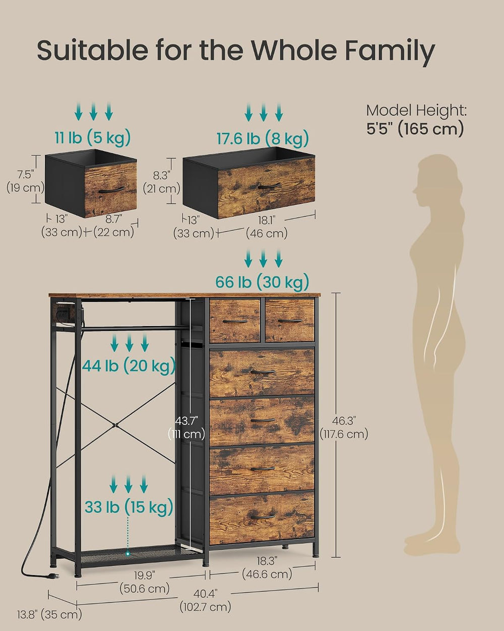 SONGMICS Dresser with Hanging Rod, Closet Organizer with 6 Fabric Drawers