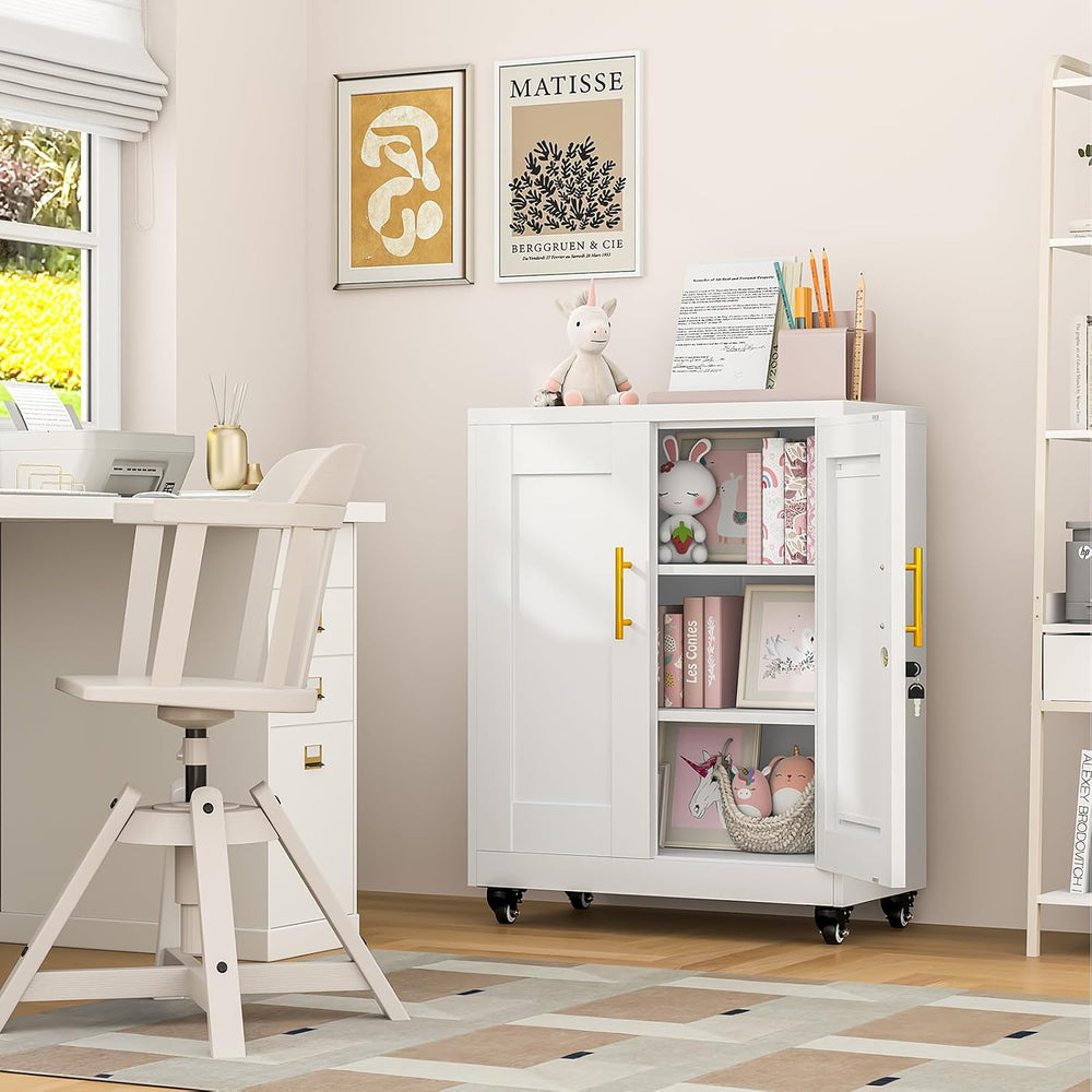 Metal Storage Cabinet with Wheels, 36" Tall Locking Storage White