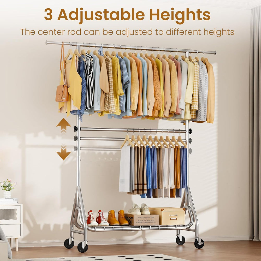 Heavy Duty Clothes Rack for Hanging Clothes, Double Rods Clothing Rack with L...