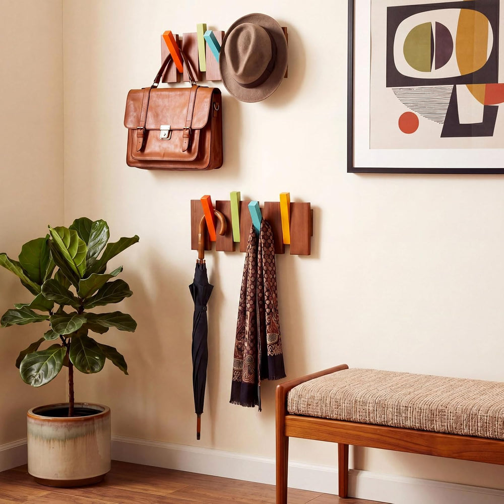 Youyole 2 Pcs 4 Hook Wooden Coat Hooks Wall Mounted Mid Century Modern Foldin...