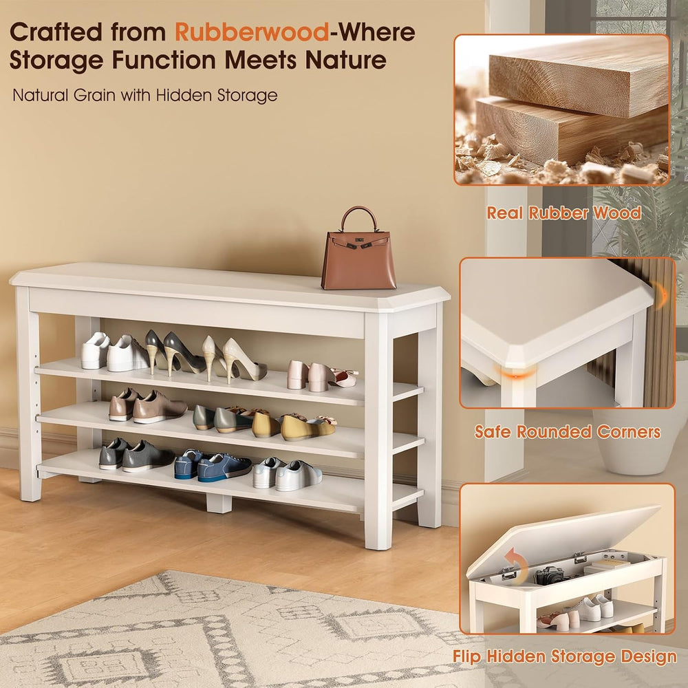 IUNVR Shoe Rack Bench Seat Rubberwood 3-Tier Wooden Storage Bench 550lbs Comp...