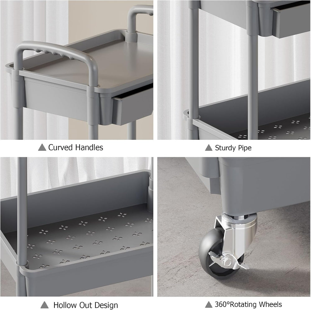 4 Tier Rolling Utility Cart with Drawer, Plastic Storage Organizer Rolling Ca...