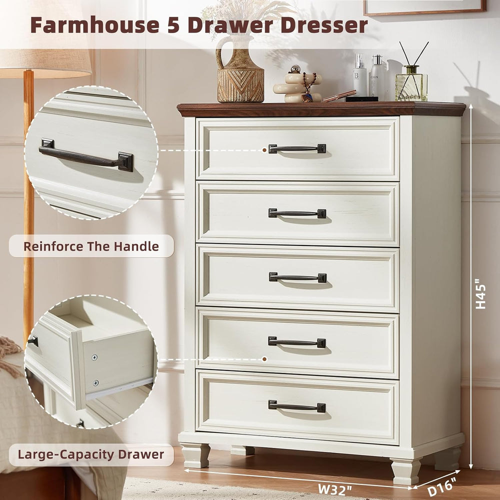 SAVOR LIFE Farmhouse 5 Drawer Dresser for Bedroom, White