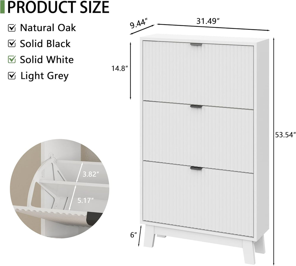Xixini Shoe Cabinet with 3 Flip Drawers, 54" Tall Narrow Fluted Shoe Sto...