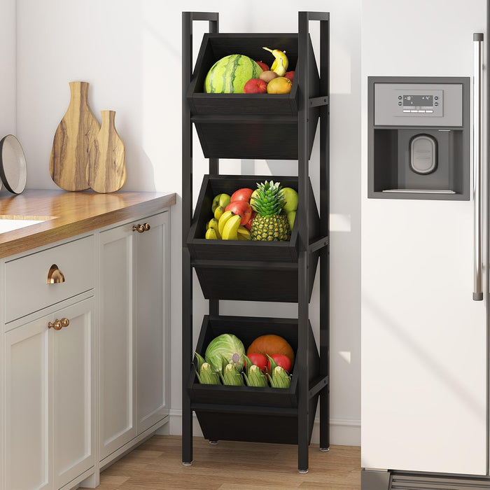 Tribesigns 3-Tier Basket Stand, Wood Snack Rack with Baskets, Rustic Vertical Fruit Stand Standing Storage Tower Organizer for Kitchen Bathroom Living Room (Black)