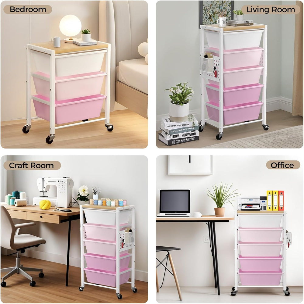 Rolling Cart with 5 Drawers, Plastic Drawer Storage Carts with Wheels & W...