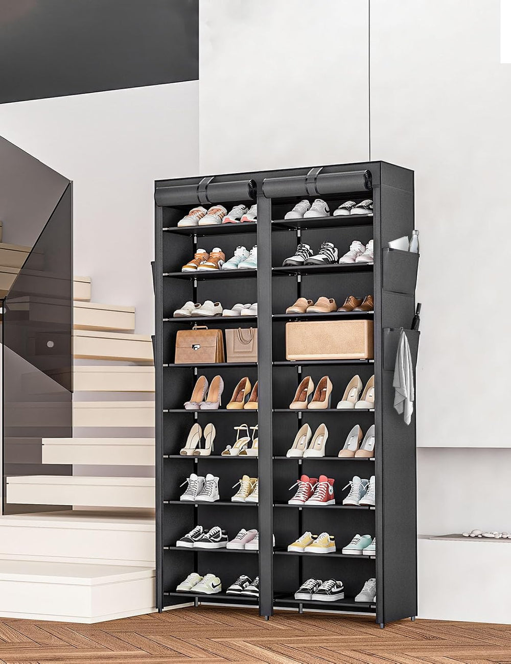 Shoe Rack with Covers - 9 Tiers Tall Shoe Rack Organizer Large Capacity Shoe ...