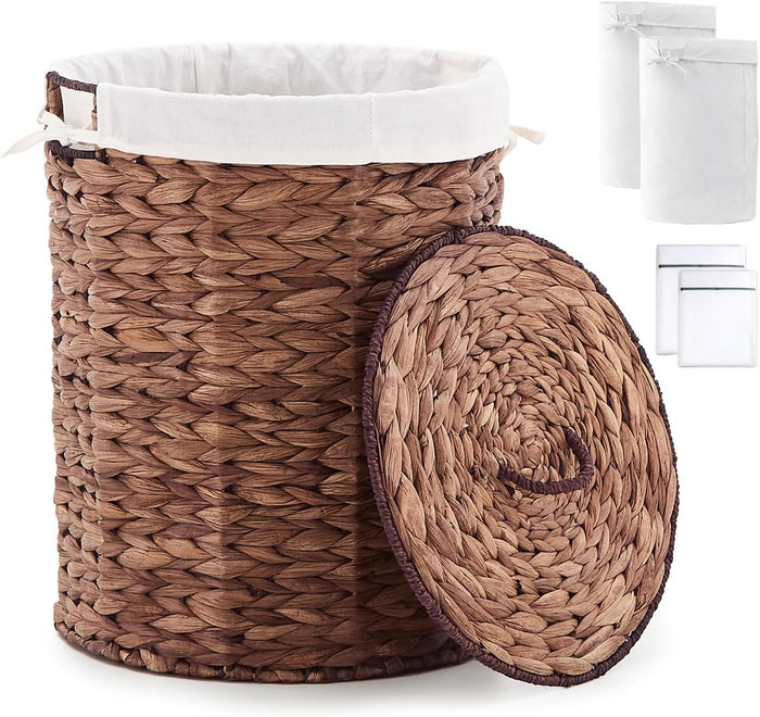 Round Water Hyacinth Laundry Hamper with Lid Handwoven Wicker Basket with Handles for Dirty Clothes, Storage, and Organization, No Assembly Required, 40L