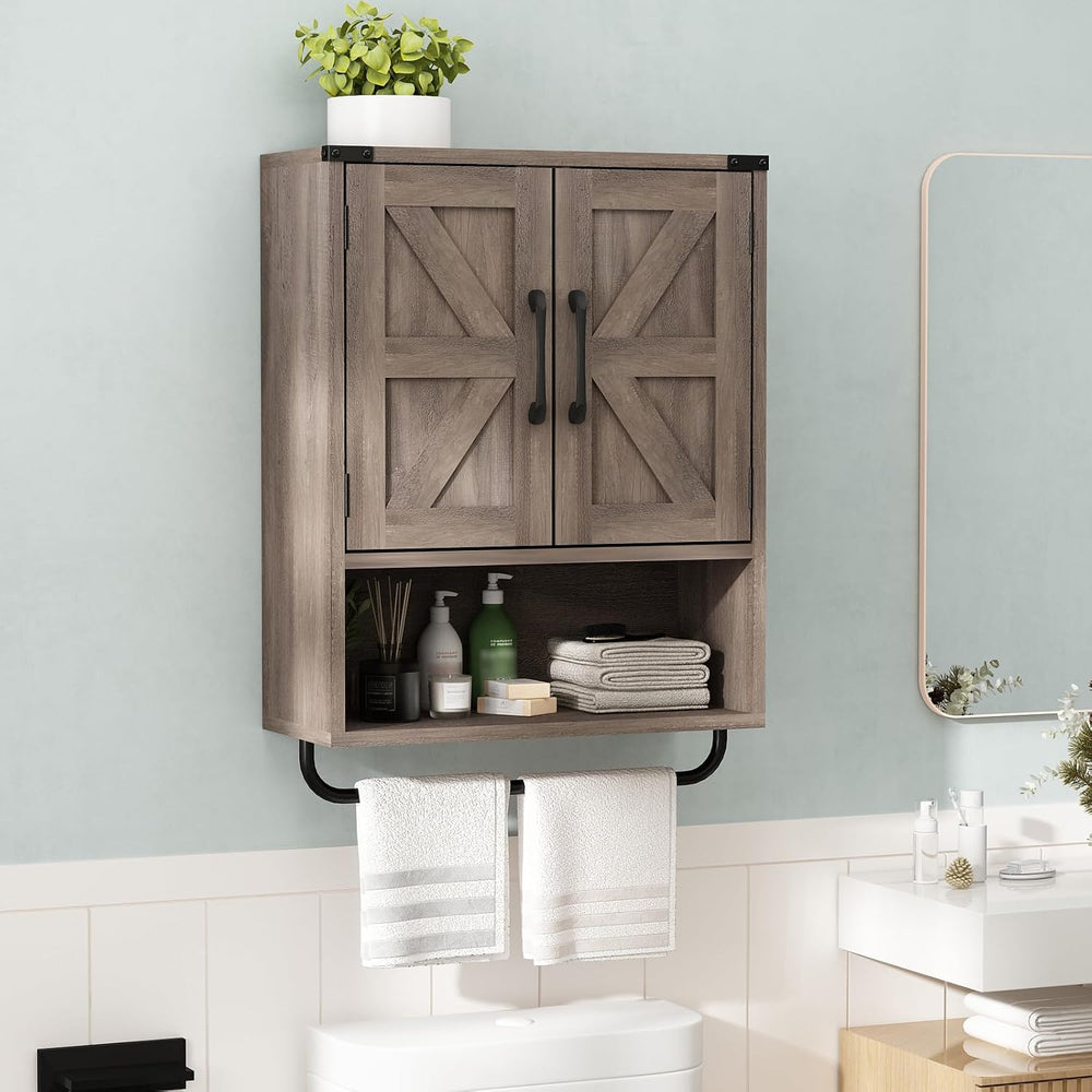 RUSTOWN Farmhouse Wall Storage Cabinet with 2 Barn Door & Towel Rack
