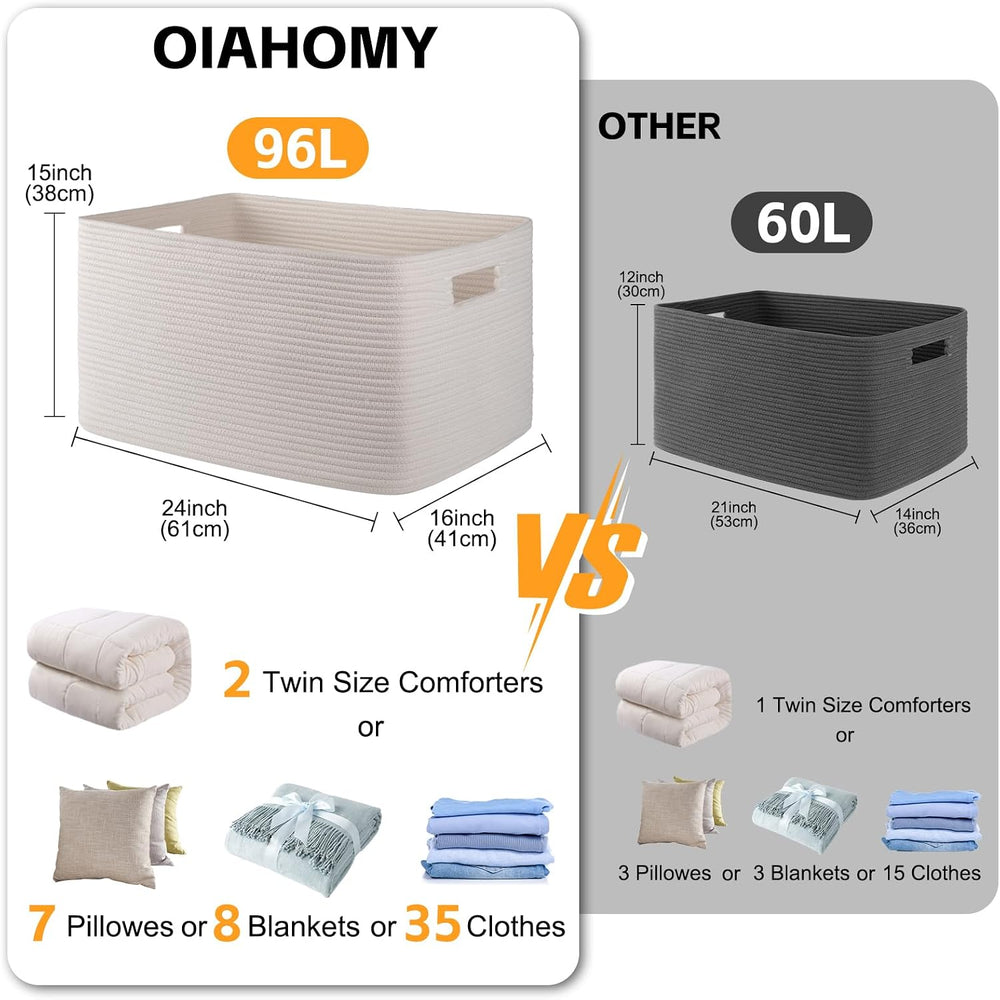 OIAHOMY 96L XXXLarge Blanket Basket Woven Cotton Rope Storage Basket White