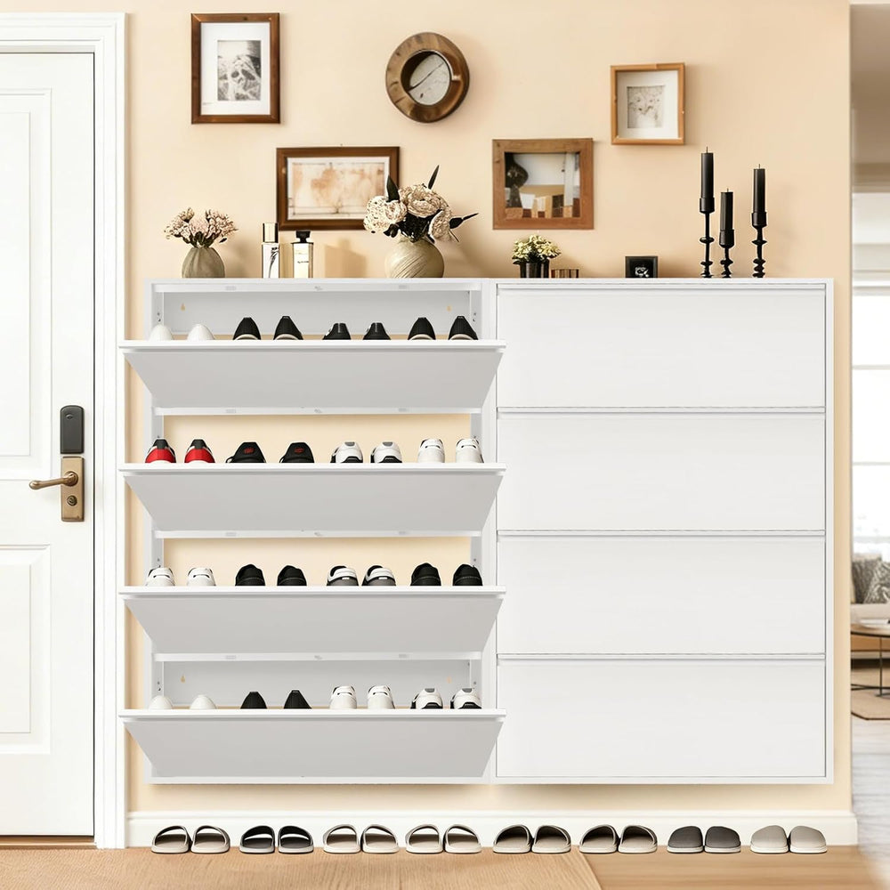 Shoe Storage Cabinet with 4 Flip Drawers, Hidden Slim Narrow Shoe Rack Cabine...