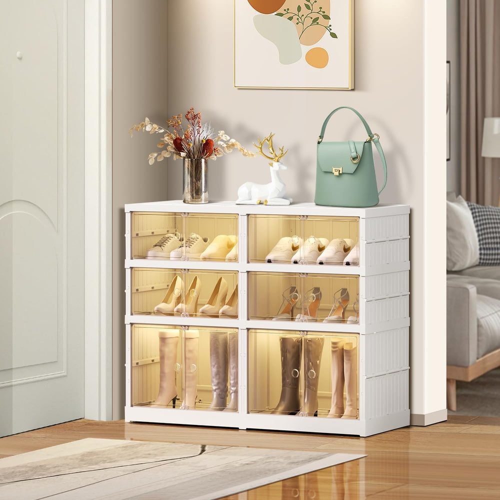 EHAMILY 3-Tier Foldable Shoe Rack Organizer, Magnetic Doors, 12 Pairs,White