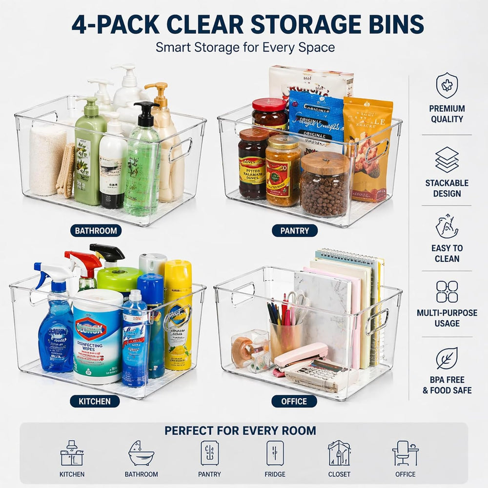 MOONEDGE 4 Pack Clear Plastic Storage Bins 11x8x6in Storage Containers