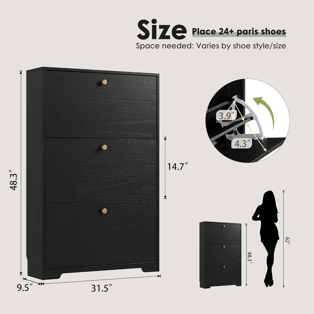 Nicetree Shoe Cabinet with 3 Flip Drawers, Entryway Shoes Organizer, Black