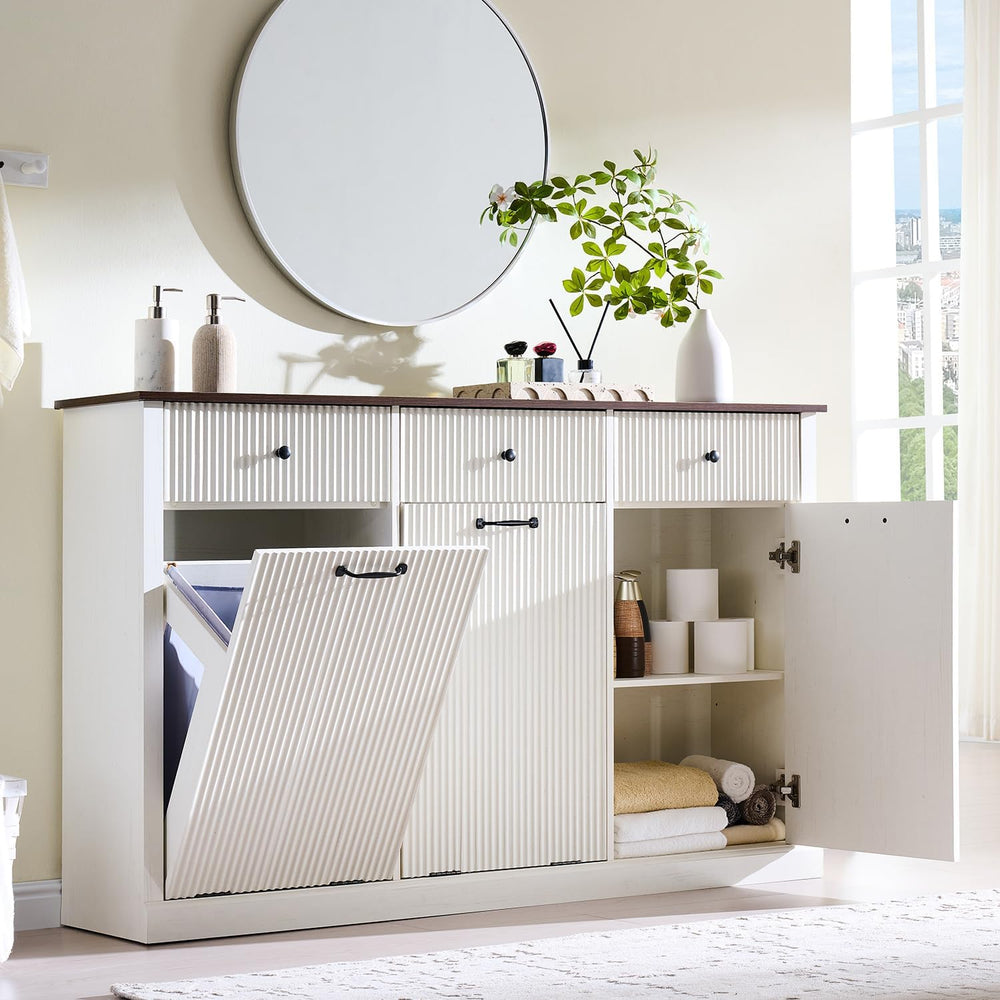 IFBUY Triple Tilt Out Laundry Hamper Cabinet, Modern Fluted Trash Can Cabinet...