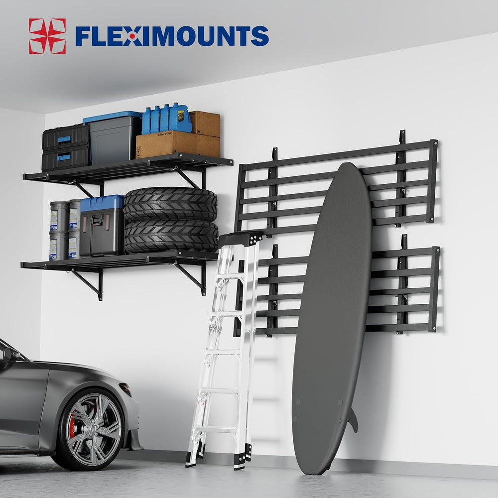 FLEXIMOUNTS Fold-Down 4-Pack 2x4ft Garage Wall Shelving, 600lbs Load, Black