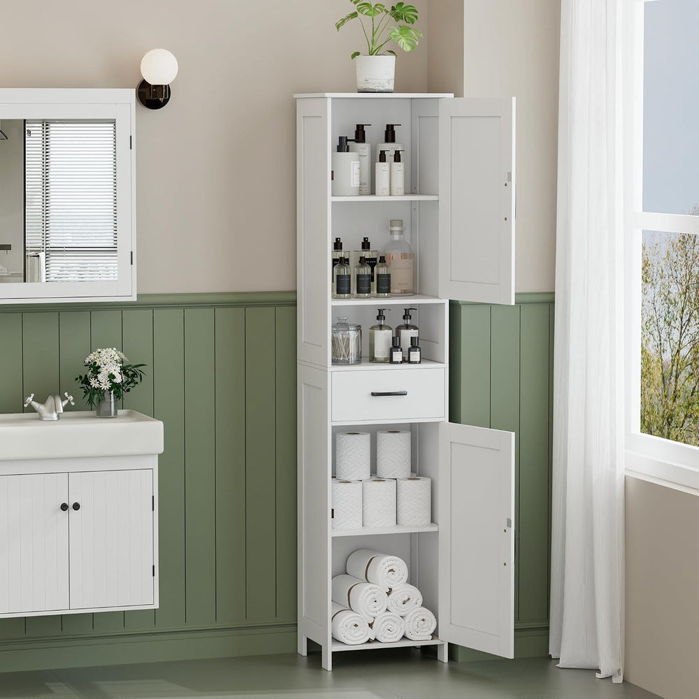 Homhedy 67" H Tall Bathroom Storage Cabinet with Barn Doors and Drawer