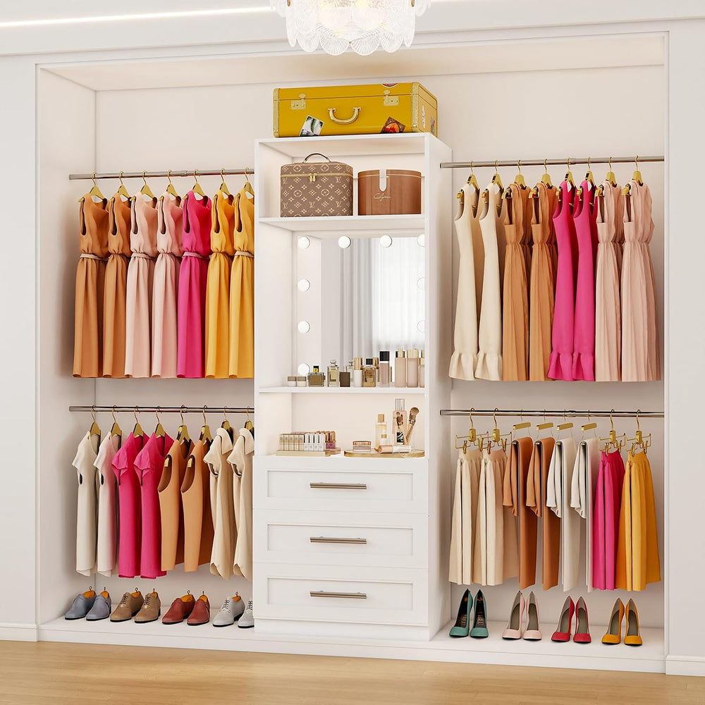 Closet Organizer System with 3 Drawers & HD LED Mirror, Modular Walk in C...