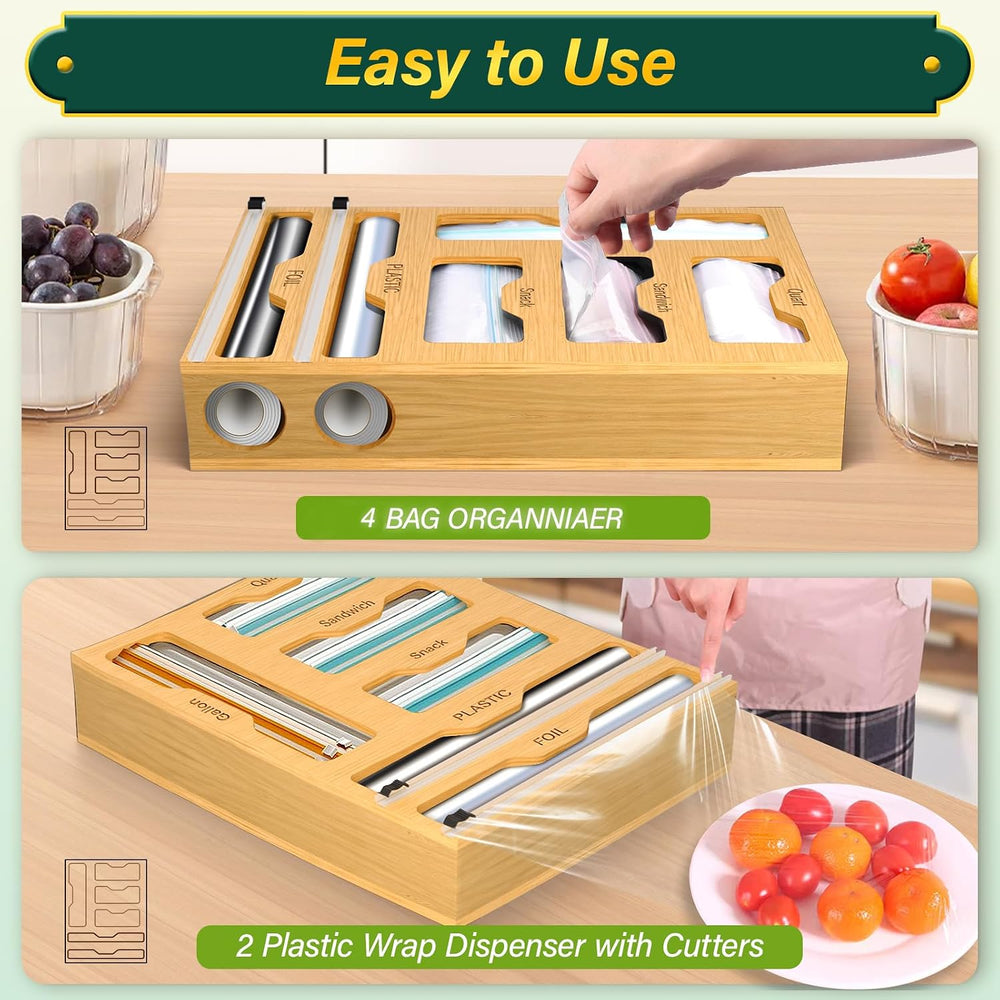 KOCWELL Bag Organizer and Plastic Wrap Dispenser with Cutter, 6 In 1 Bamboo F...