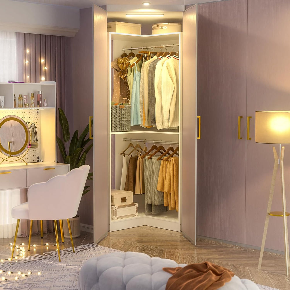 Armocity Corner Closet System, 32 Inches Wide Wood Unit with 2 Hanging Rods a...