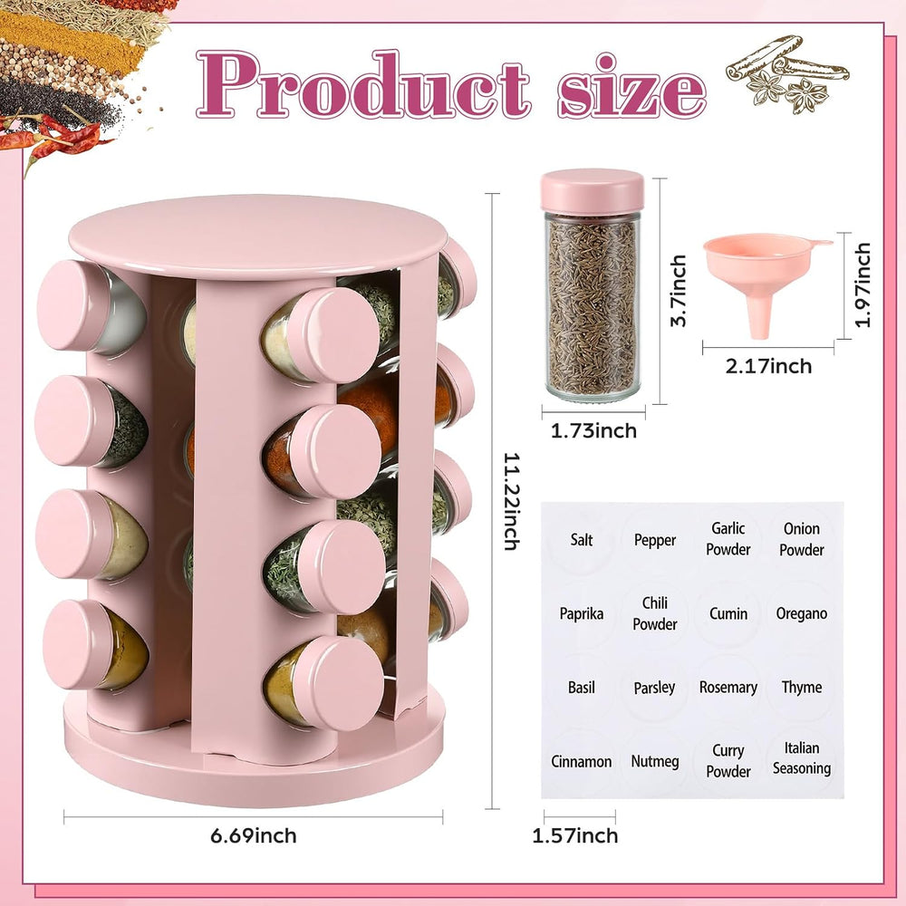 Yungyan Pink Rotating Spice Rack with 16 Empty Jars and Labels