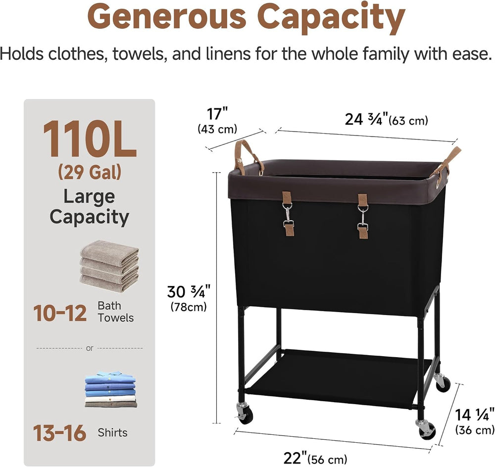 StorageWorks Laundry Cart, 2 Tier Rolling Basket with Wheels, 29 Gal, Black