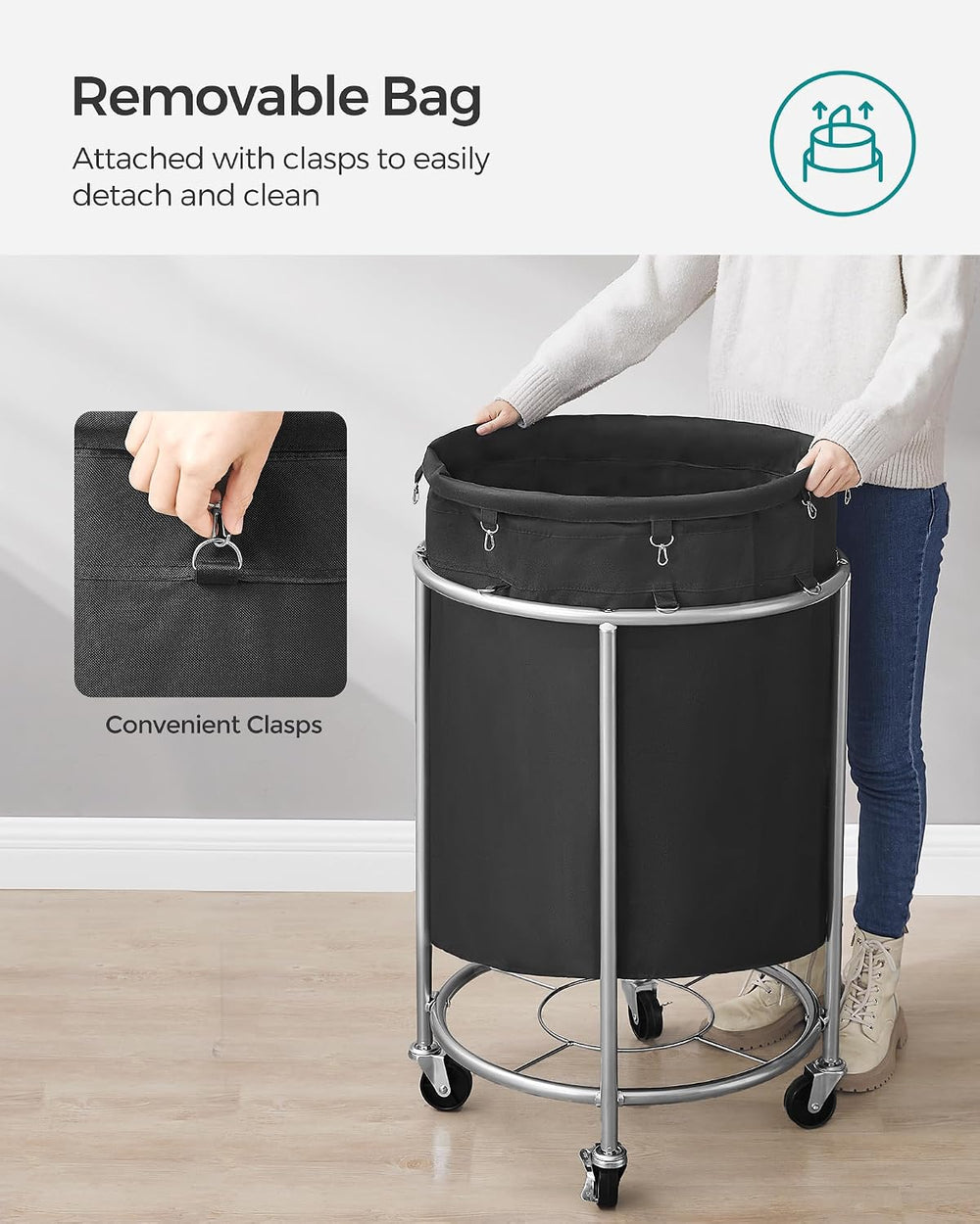SONGMICS Laundry Basket with Wheels,190L, Steel Frame, Removable Bag