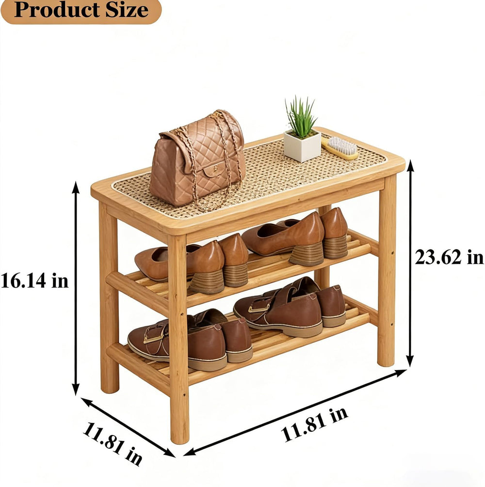 latifolia Shoe Rack Bench, 3-Tier Bamboo Shoe Bench with Breathable Rattan Se...