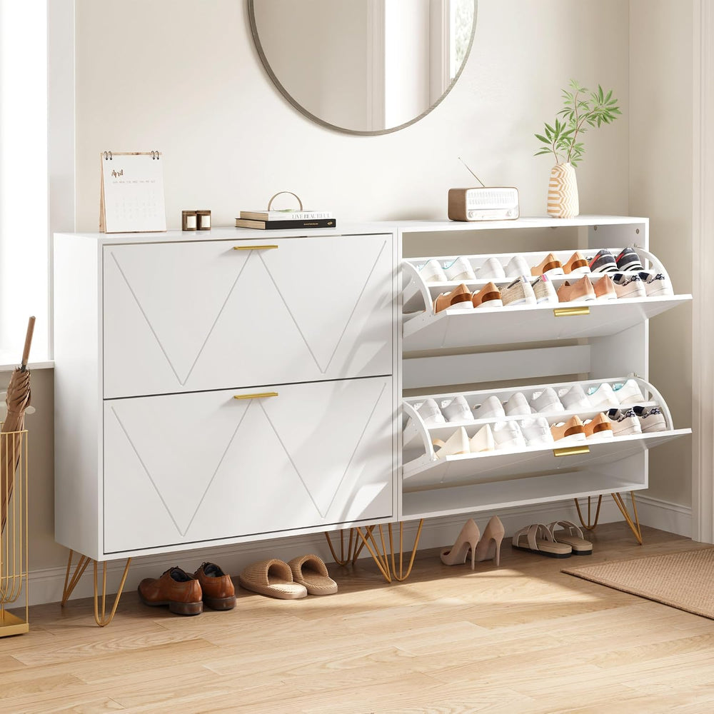 Shoe Storage Cabinet with 2 Striped Flip Drawers and Metal Legs, White丨Modern...
