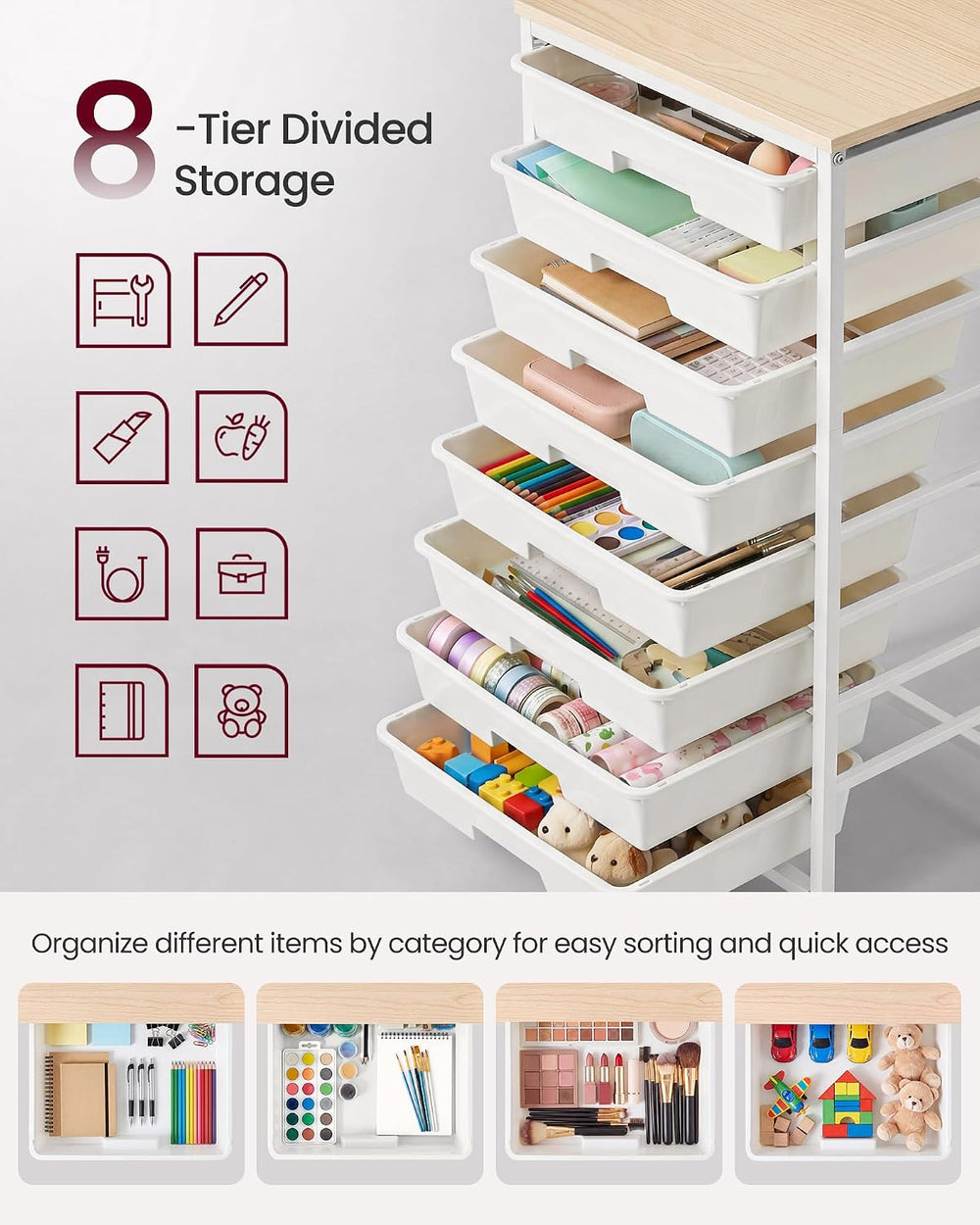 VASAGLE Rolling Cart with Drawers, Craft Organizers and Storage, White