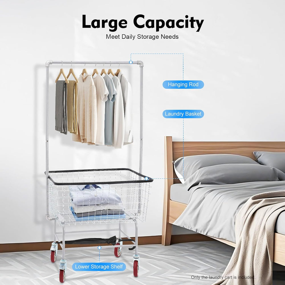 Wire Laundry Cart With Hanging Rack, 2.5 Bushel Wire Laundry Basket with Whee...