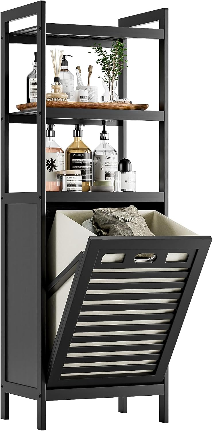 HITNET Tilt Out Laundry Hamper, Bamboo Bathroom Cabinet with Pull Out Removab...