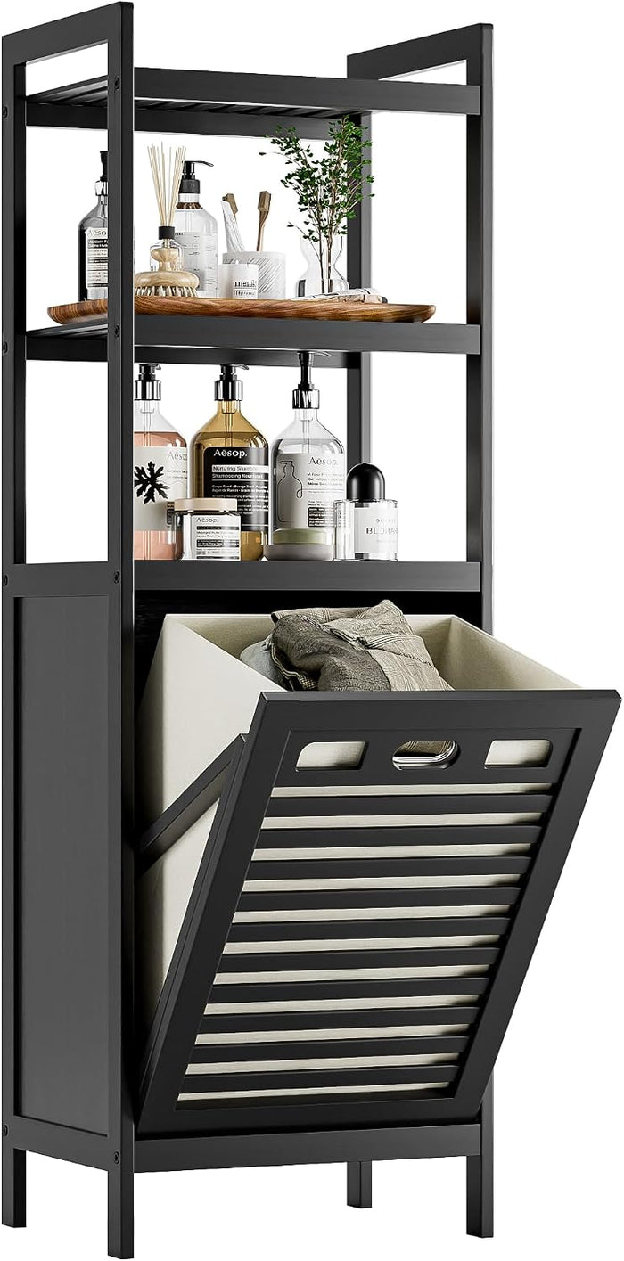 HITNET Tilt Out Laundry Hamper, Bamboo Bathroom Cabinet with Pull Out Removable Bag and 3 Tier Storage Shelves, 10 Gal Clothes Basket with Metal Handle, Black