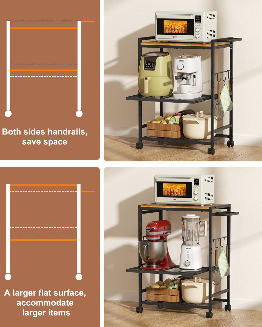 Feyejade 3-Tier Rolling Kitchen Cart with Storage, Compact Metal Island