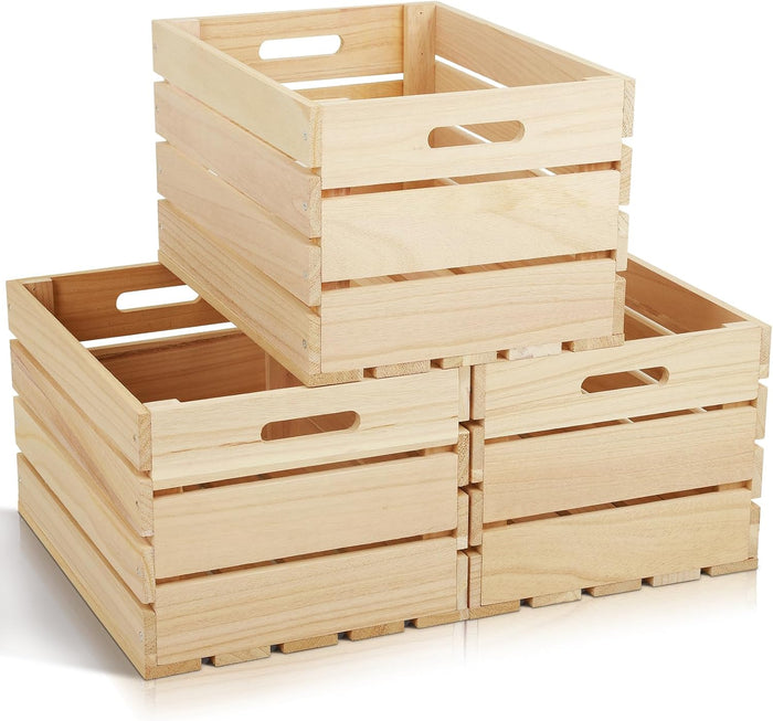 3 Pack Large Wooden Storage Crates 16 x 12 x 9.5 Inches