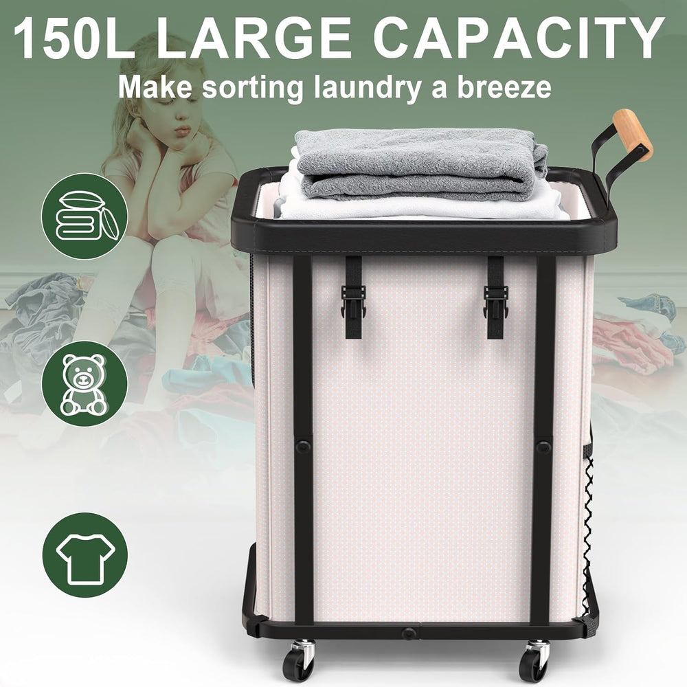150L Laundry Basket with Wheels,Rolling Basket Hamper with Lid&Handle White