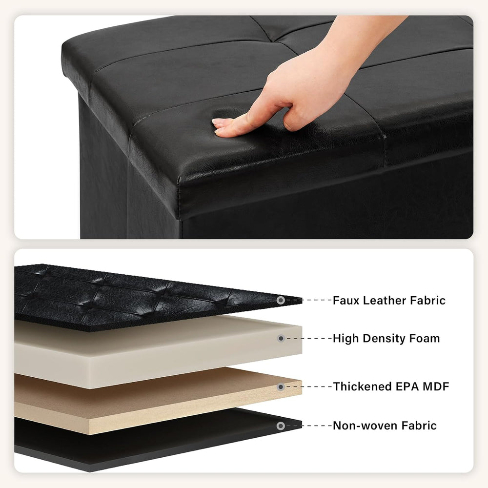 PINPLUS Folding Storage Ottoman Bench, Black Faux Leather