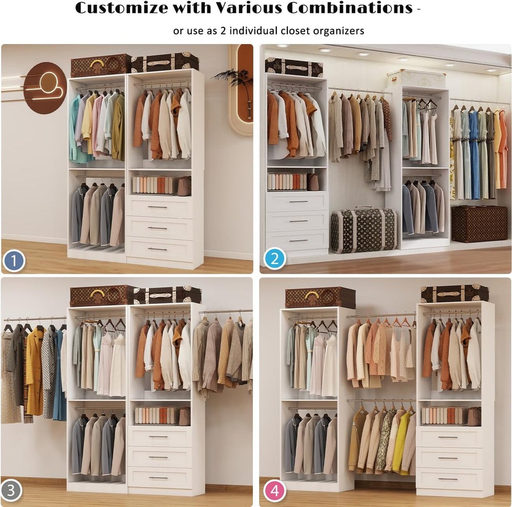 Closet System with 3 Drawers, 4FT-10FT Closet Organizer Systems with 5 Hangin...