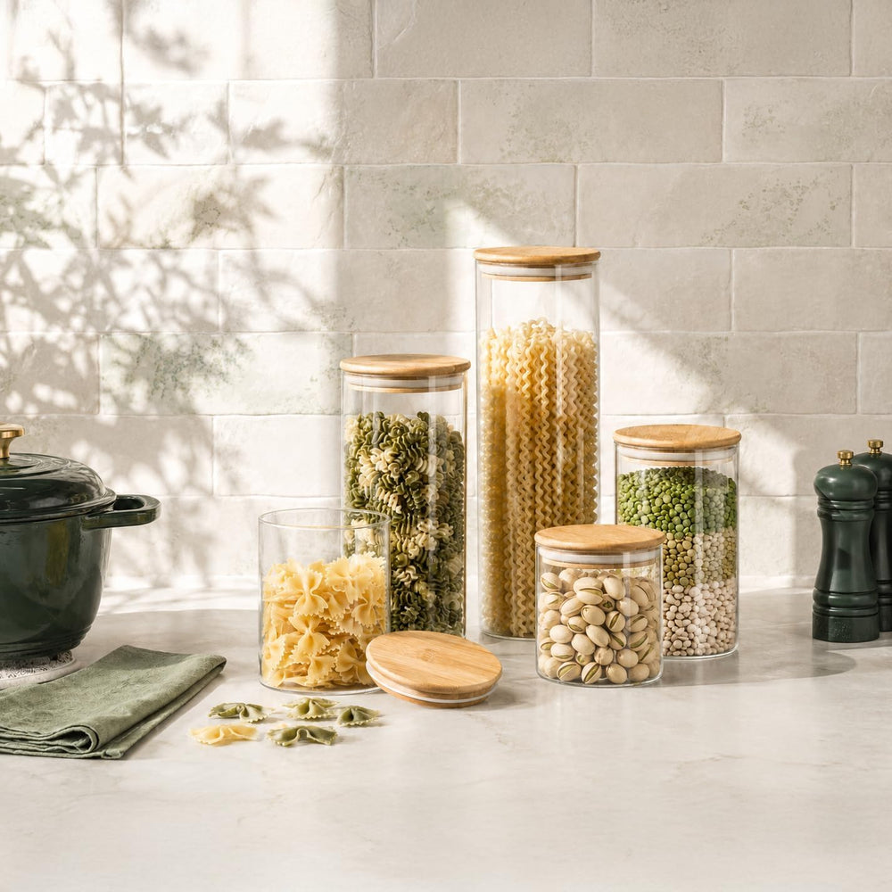 Set of 5 Glass Kitchen Canisters with Airtight Bamboo Lid - Glass Storage Jar...