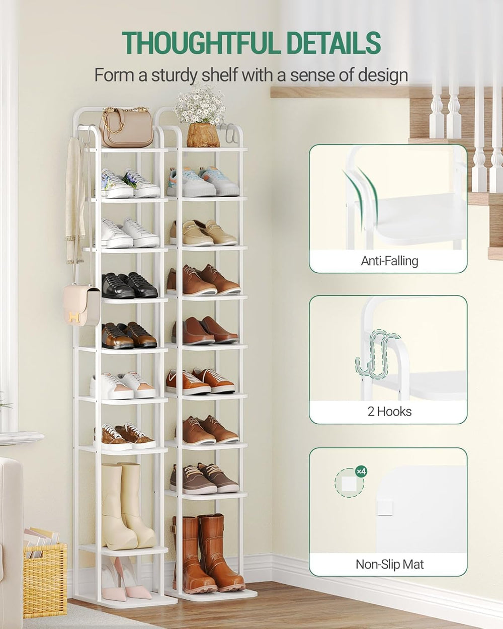 Hzuaneri 10 Tiers Vertical Shoe Rack, Narrow Shoe Tower, Tall Shoes Shelf wit...