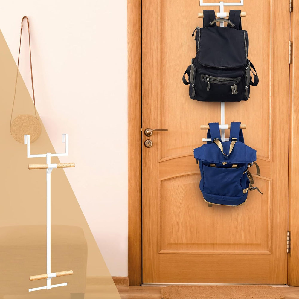 Briwooody 1 Pc Over Door Backpack Hanger, 2 Tier Metal Wood Hooks,White