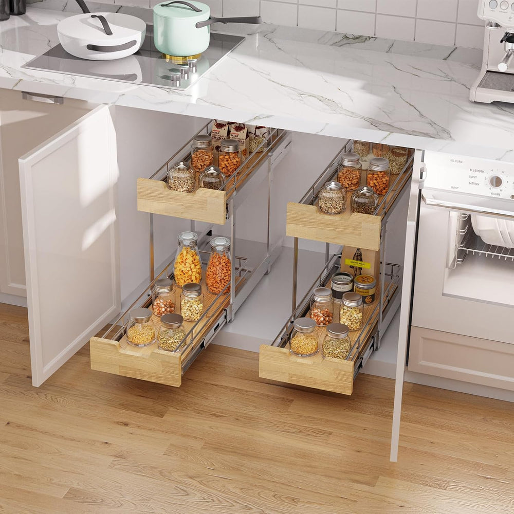 Sikarou Pull Out Cabinet Organizer,Heavy-Duty Slide Out Shelf, Wood and Wire ...