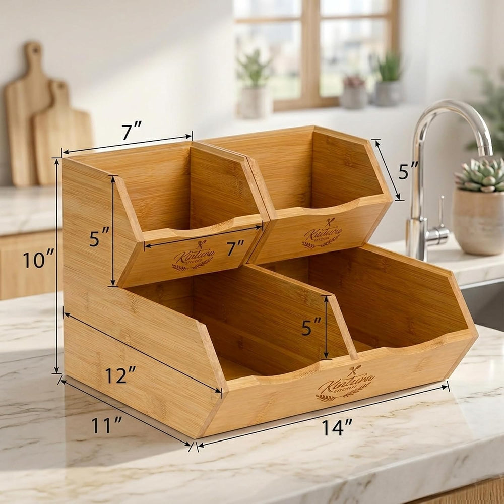 Stackable Bamboo Pantry Storage Bins, Potato Onion Storage Organizer, 3-Tier ...
