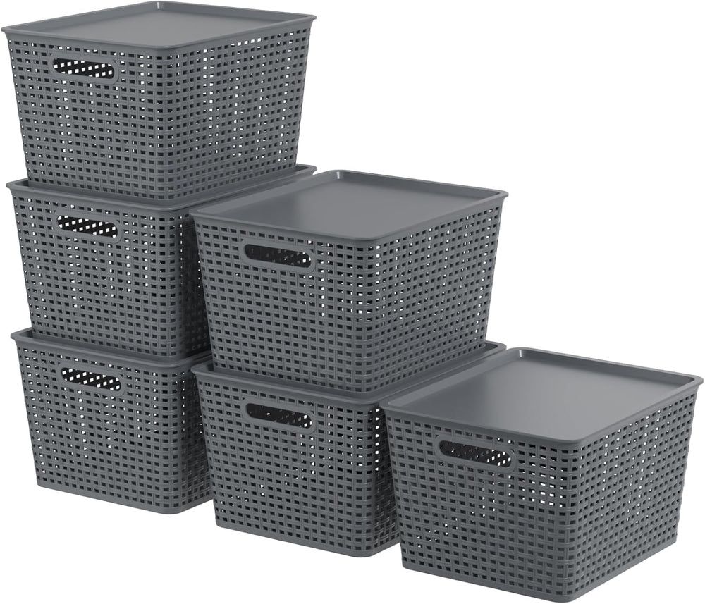 6-Pack Large Plastic Storage Basket Bins with Lid, Gray