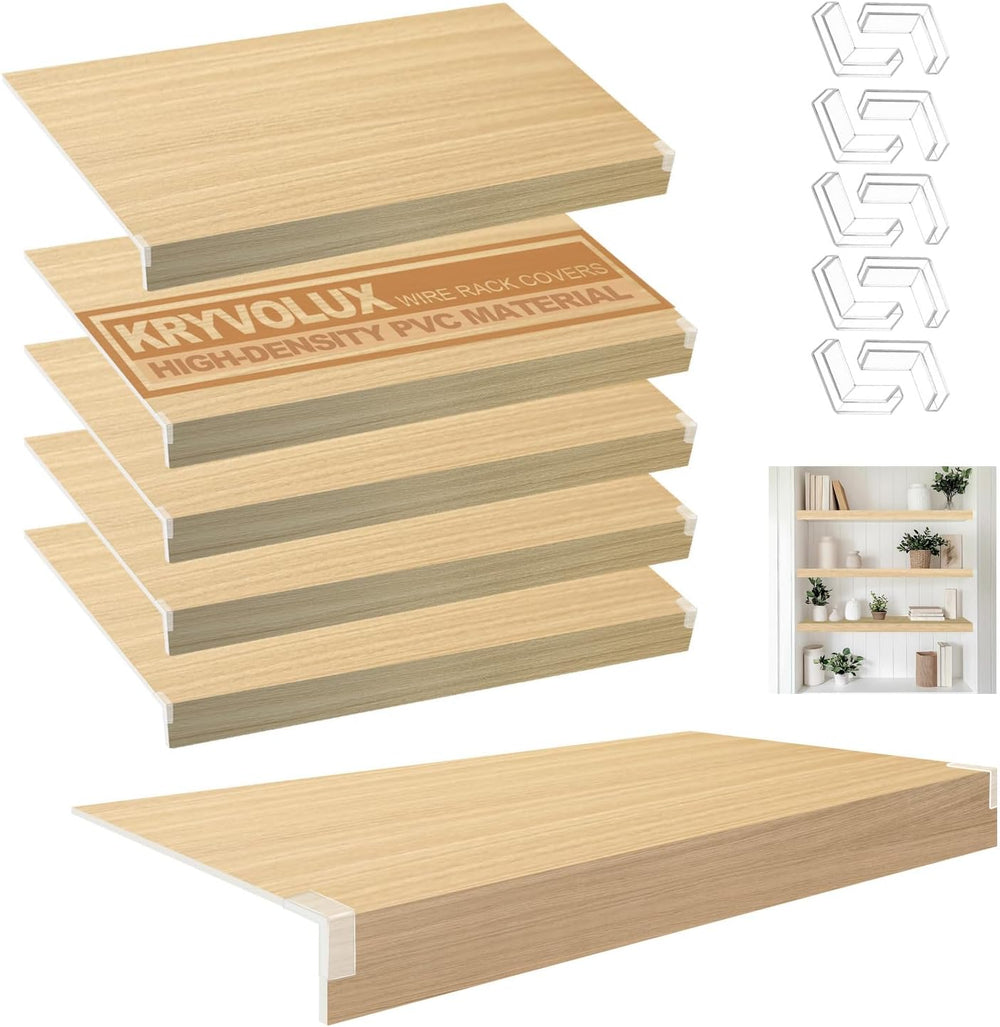5 PCS Wire Shelf Covers PVC 16x9x3 inch for Pantry (Wood Color)