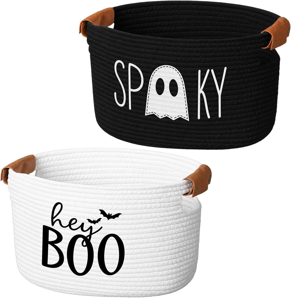 Potchen 2 Pcs Halloween Boo Cotton Rope Basket with Handles