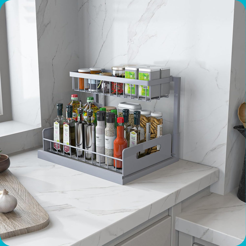 REALINN Under Sink Organizer, L-Shaped 2 Tier Pull Out Cabinet Organizer