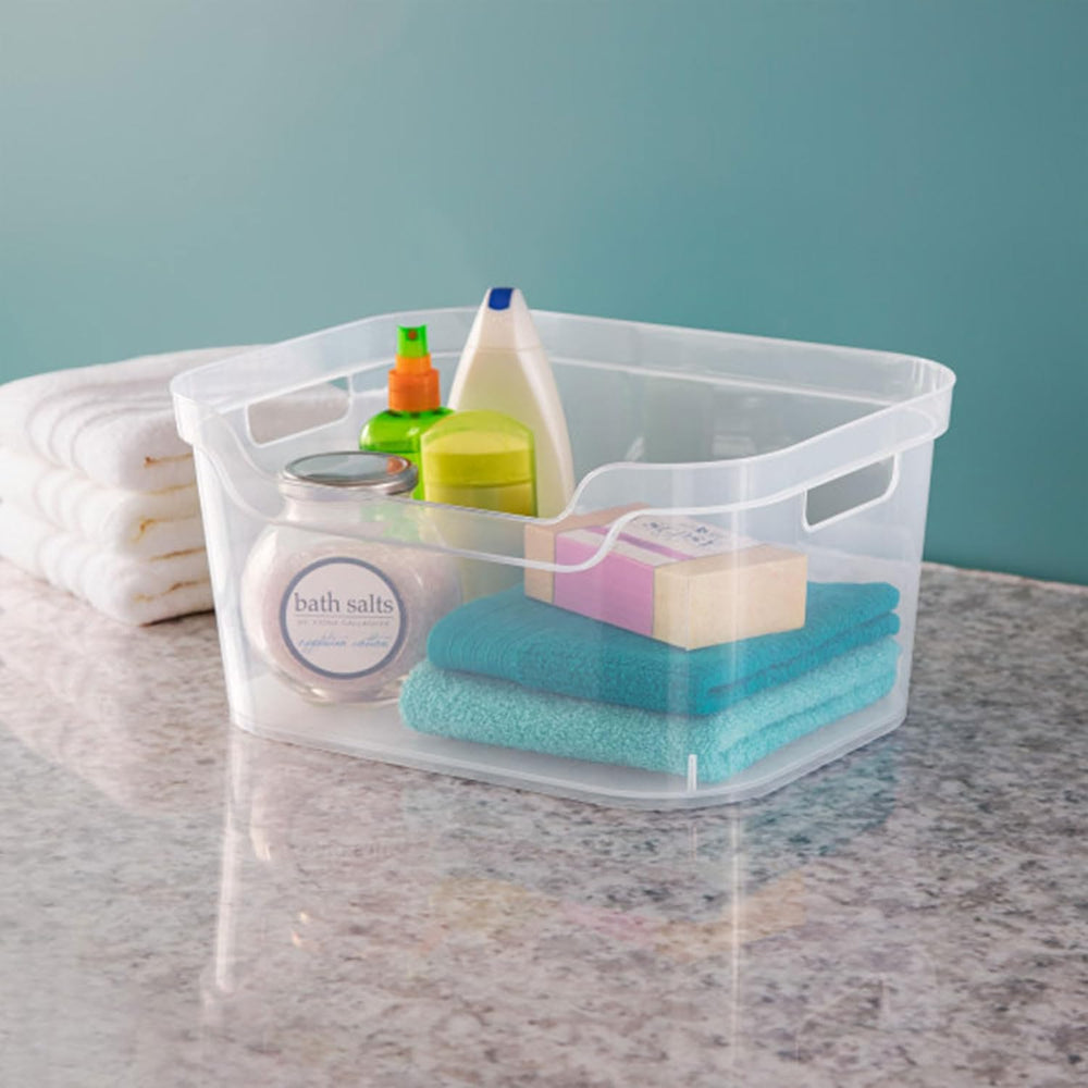 Sterilite Large Open Scoop Front Storage Bin, Clear Plastic Tote, 6-Pack