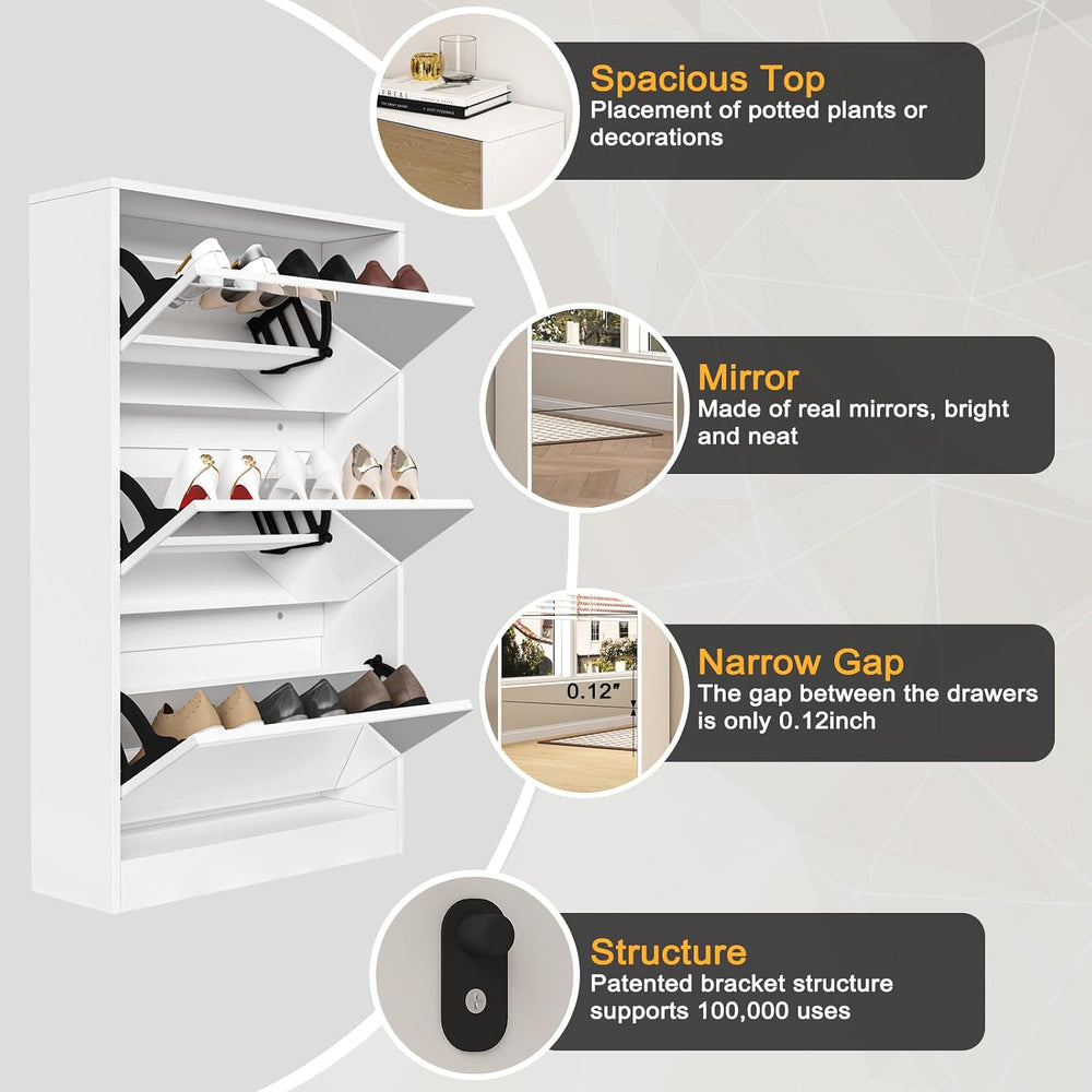Mirrored Shoe Storage Cabinet with 3 Flip Drawers