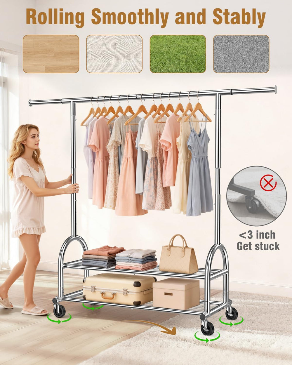 EAGMAK Rolling Clothes Rack Heavy Duty Clothing Rack with 2 Shelves, Silver